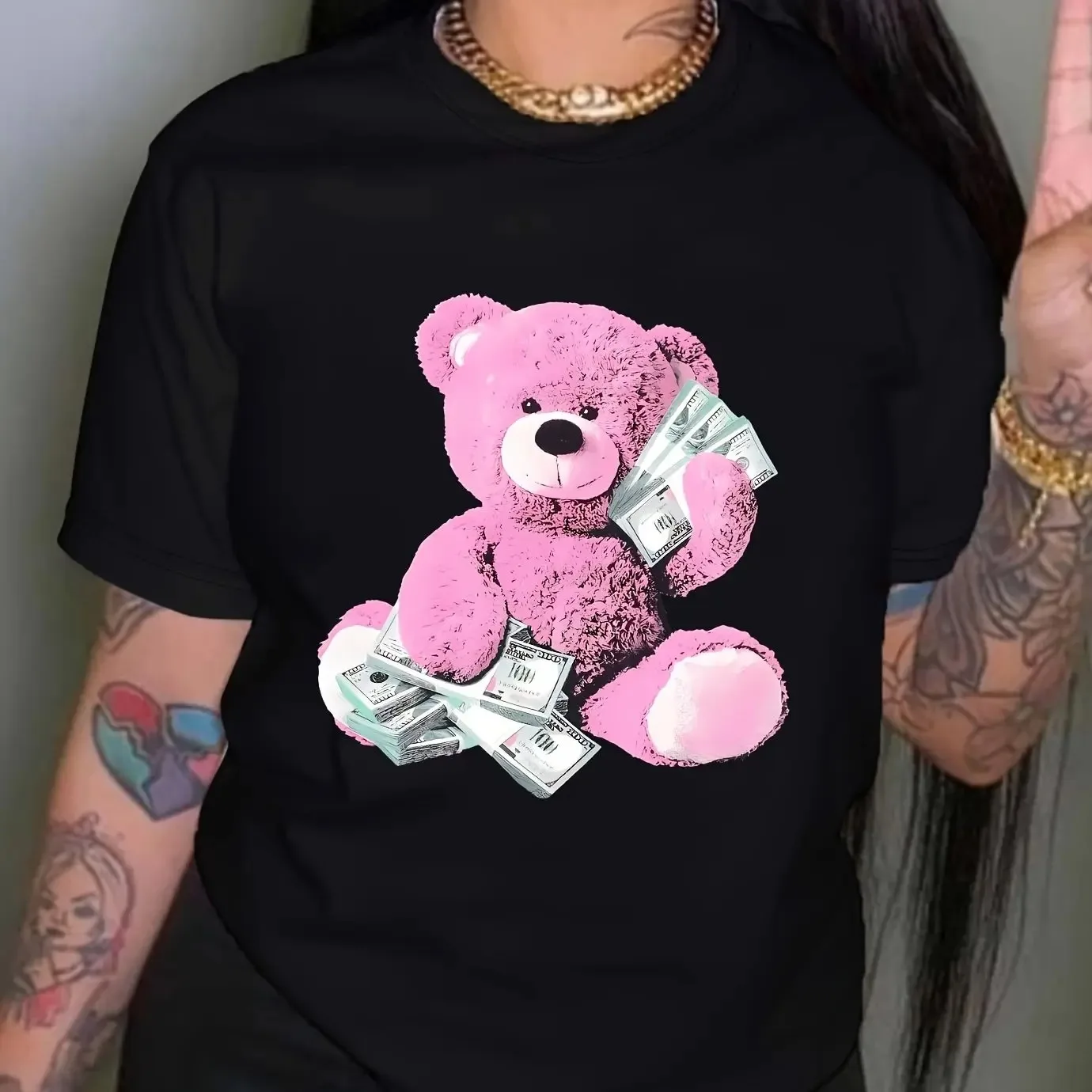 Bear Print Crew Neck T-Shirt, Casual Short Sleeve Top for Spring & Summer, Women's Clothing