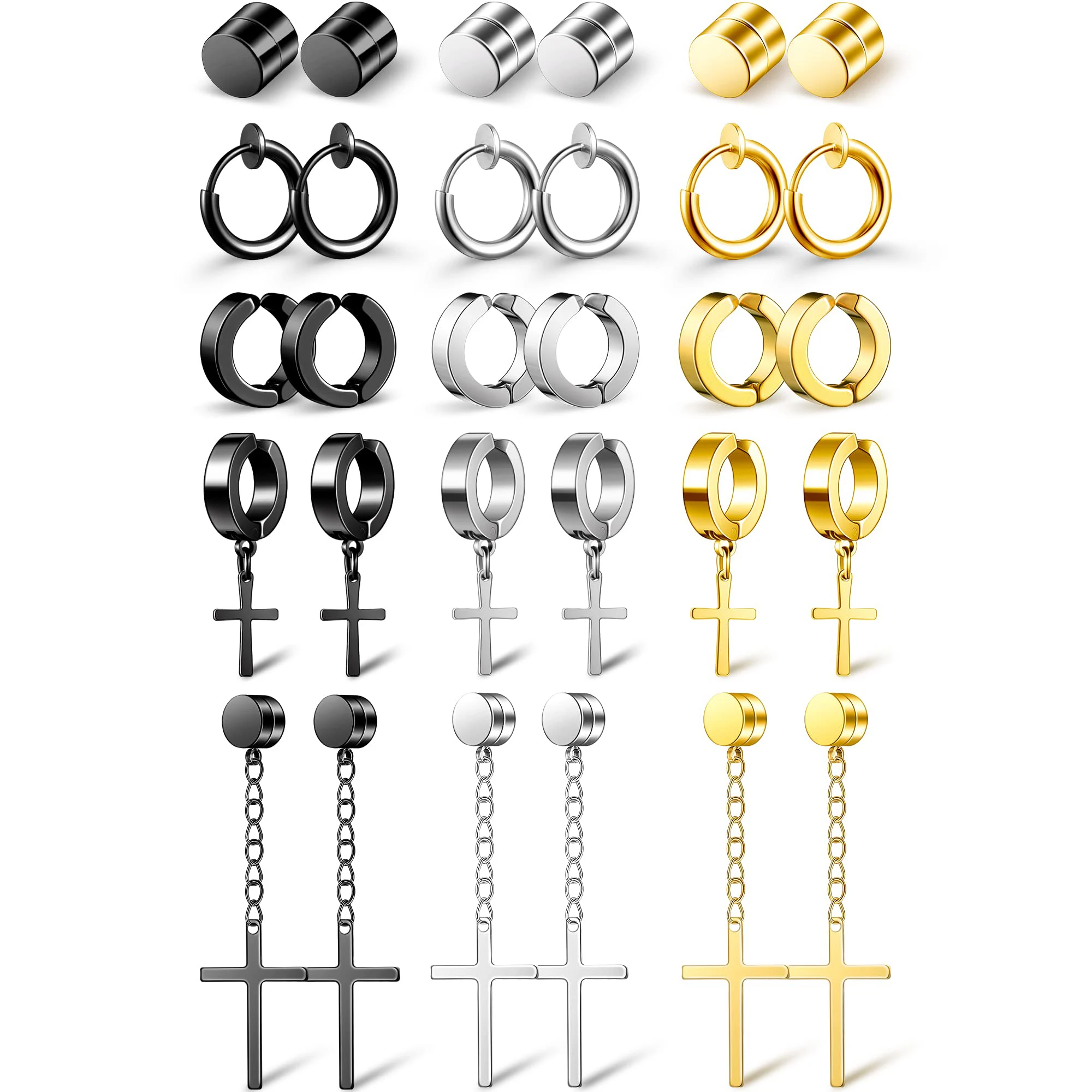 8 Pairs Magnetic Stud Earrings for Men Women Stainless Steel Hoop Cross Non  Piercing Fake Gauges Earring Black CZ Hypoallergenic Magnet Earring Set :  Amazon.ca: Clothing, Shoes & Accessories