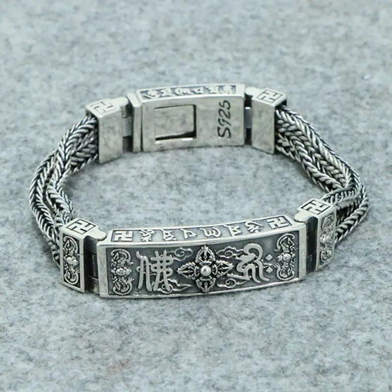 

S925 Sterling Silver Vintage Thai Silver Fashion Personalized Men's Bracelet Bat Diamond Pestle Six Character True Talisman Drag