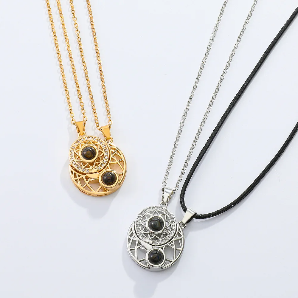 2PCS Magnetic Couple Matching Necklace 100 Languages I Love You Projection Sun Moon Heart Shape Magnet Paired Pendant Lover Gift_voghion.com