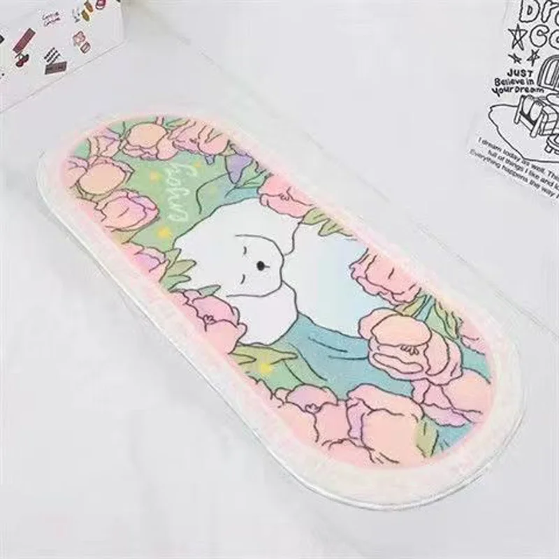 

Flower And Rabbit Long Mat Bedside Soft Area Rug Cartoon Doormat Shaggy Fluffy Carpet Irregular Rug Thicken Floor Mat INS Decor