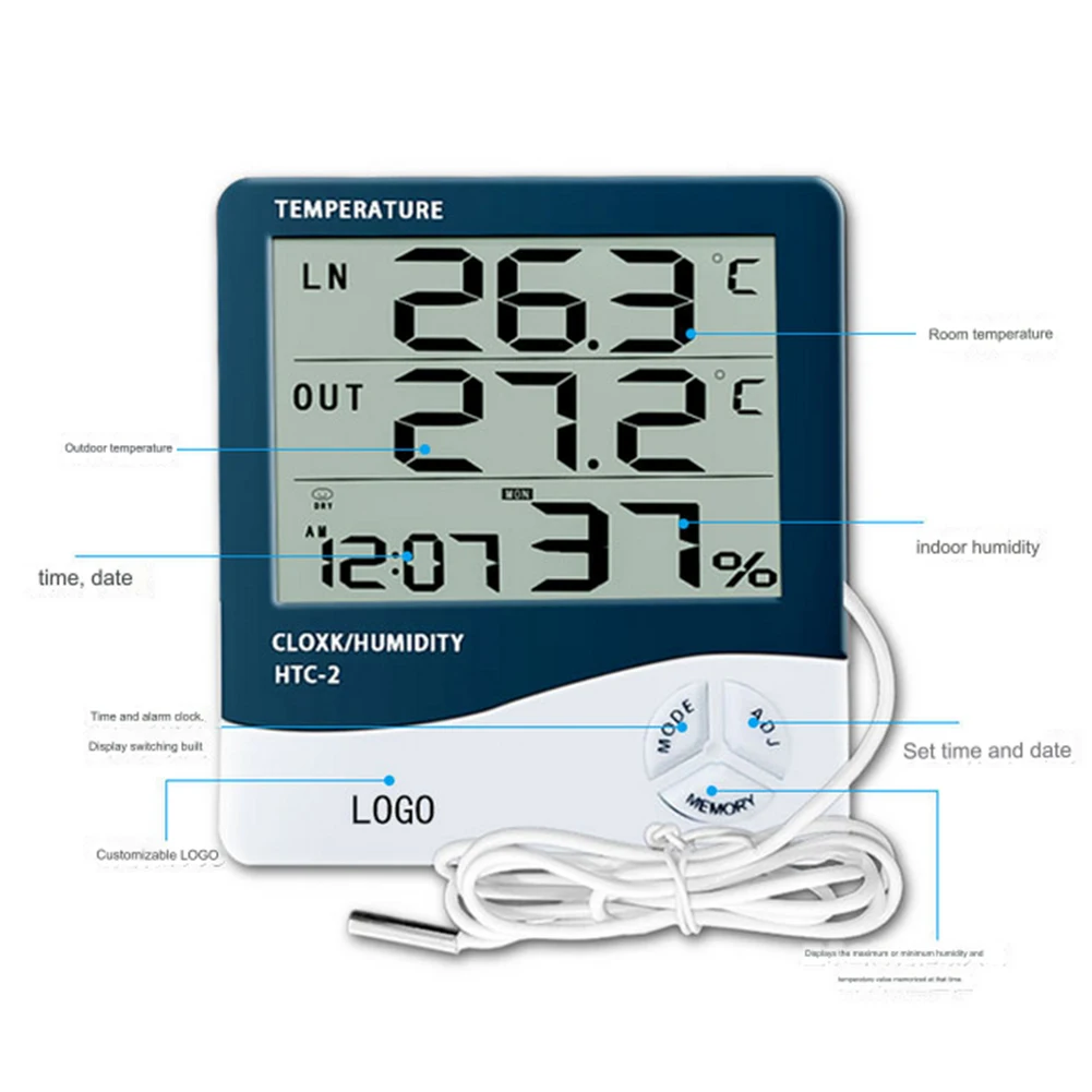 

Precise HTC 2 Electronic Thermometer Accurate Temperature and Humidity Sensor Easy to Read Display Long Battery Life