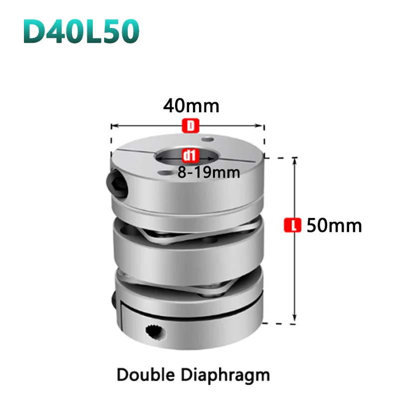 Alumínio Duplo Diafragma Acoplamento Eixo Flexível Acoplador Conector Elástico Bola Parafuso Passo Servo Motor Encoder 1pc D40l50