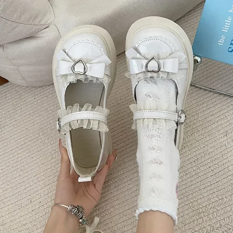 2024 Brand Shoes for Women Spring Women's Pumps Round Toe Solid Mary Jane Platform Mid Heel Bow Tie Love One-word Buckle Pumps 3
