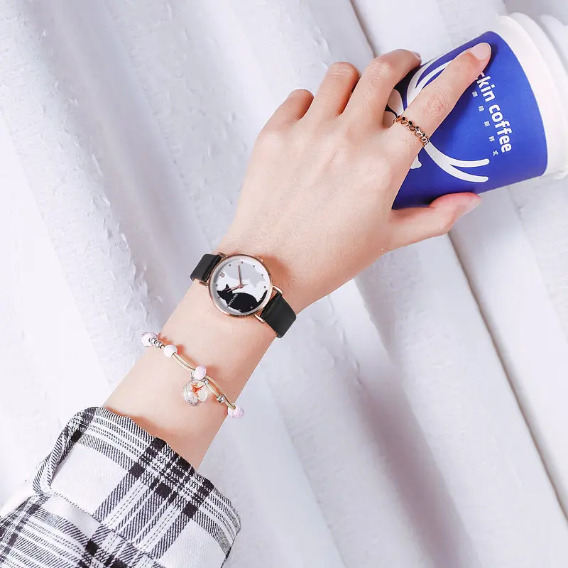 

1pc Watch Creative Cat Pattern Faux Leather Lovely Cartoon Quartz Ladies Watch Wrist Watch Wristwatch for Women Girls Relojes