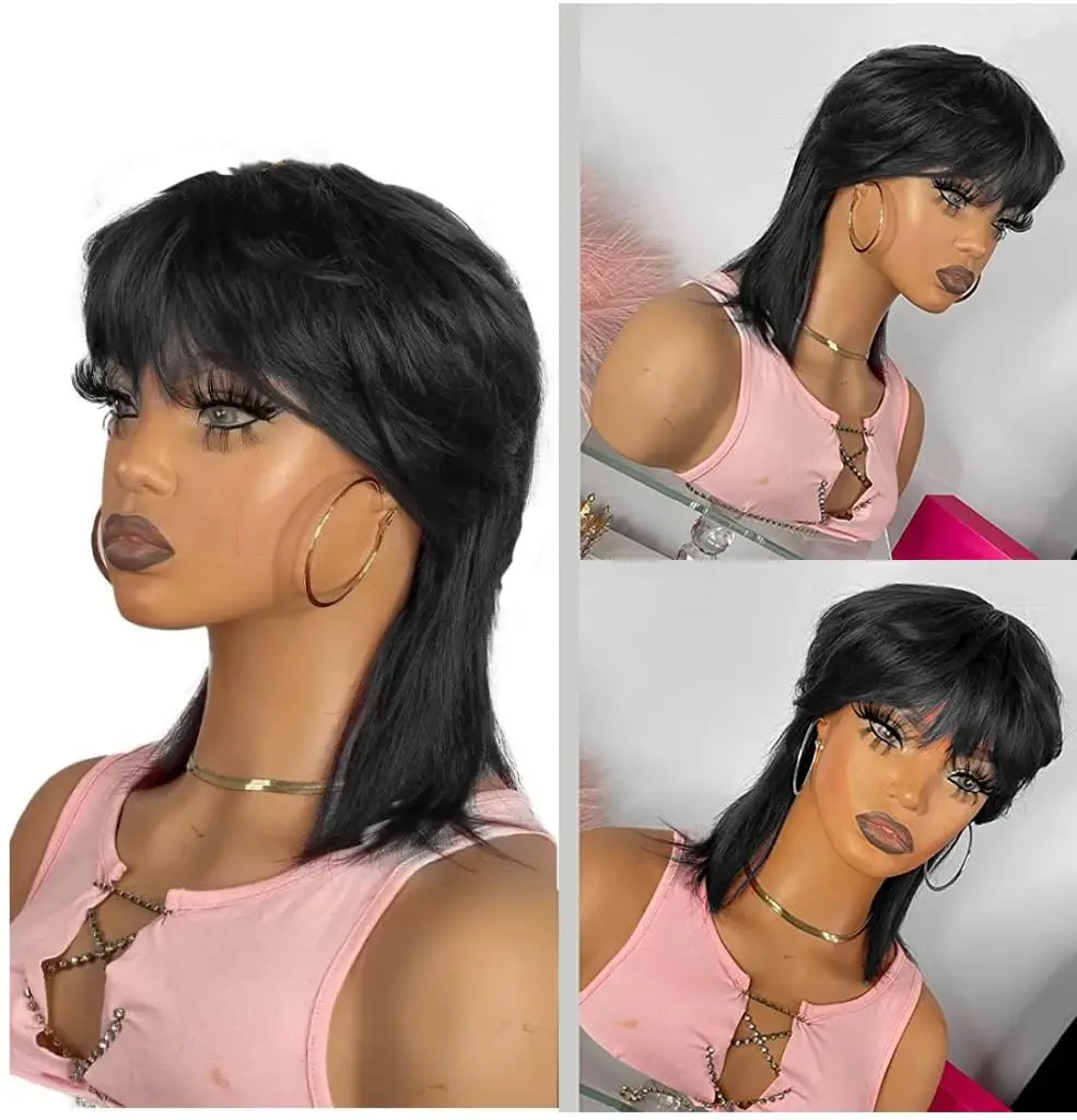 Short Pixie Cut Wigs Wear And Go Glueless Wigs Human Hair Short Straight Bob Wig With Bangs Black Brazilian Full Machine Wig