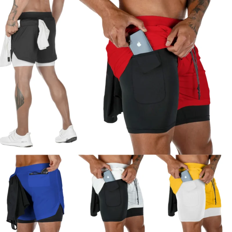 

New 2024 Summer Mens Fitness Shorts Double Layer Elastic Waist Breathable Quick Dry Beach Shorts Jogging Exercise Running Shorts