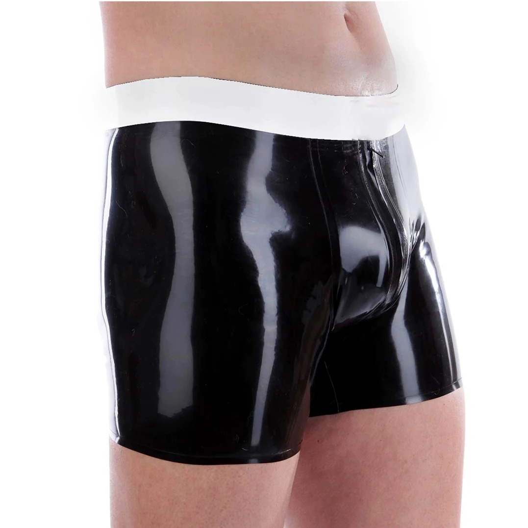 Sexy Latex Gummi Mans Boxer Dark Blue and Black Trims Rubber Shorts with Crotch Zip Underwear Made Underpants RPM132