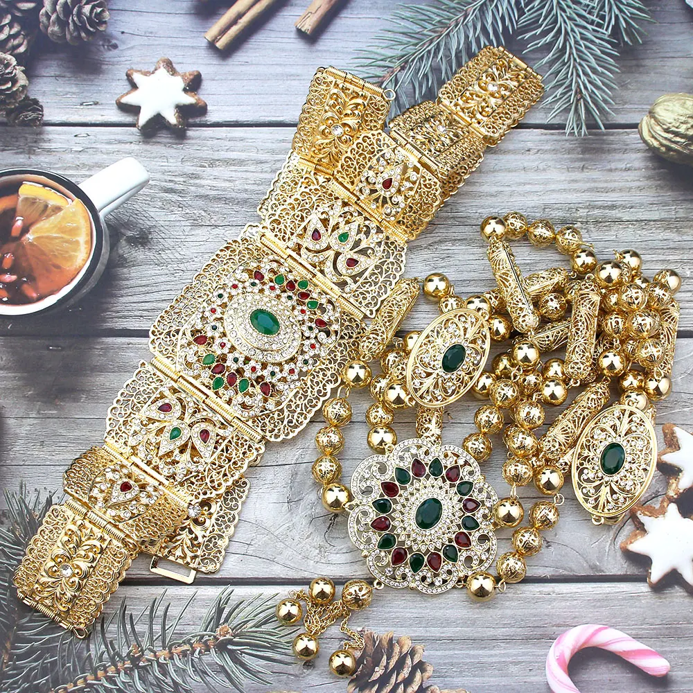 Neovisson Fashion Style Morocco Jewelry Gold Color Belt Shoulder Chest Chain Sets Women Body Jewelry Bride Favorite Gift