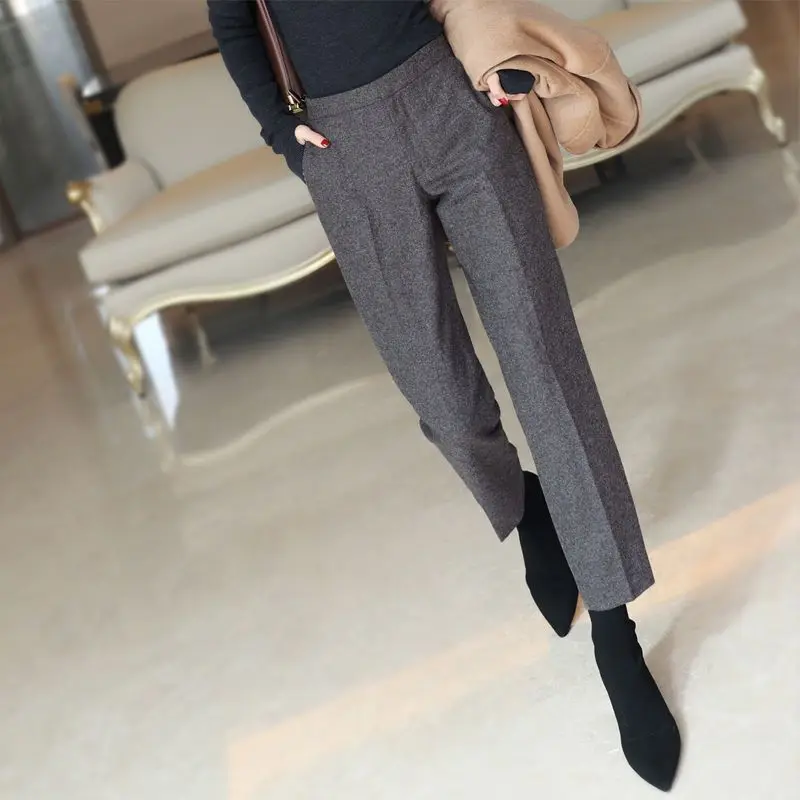

Winter Women Harem Pants Ankle-Length Trousers Women Vintage Korean Pants High Waist Woolen Straight Pants Female Pockets A64