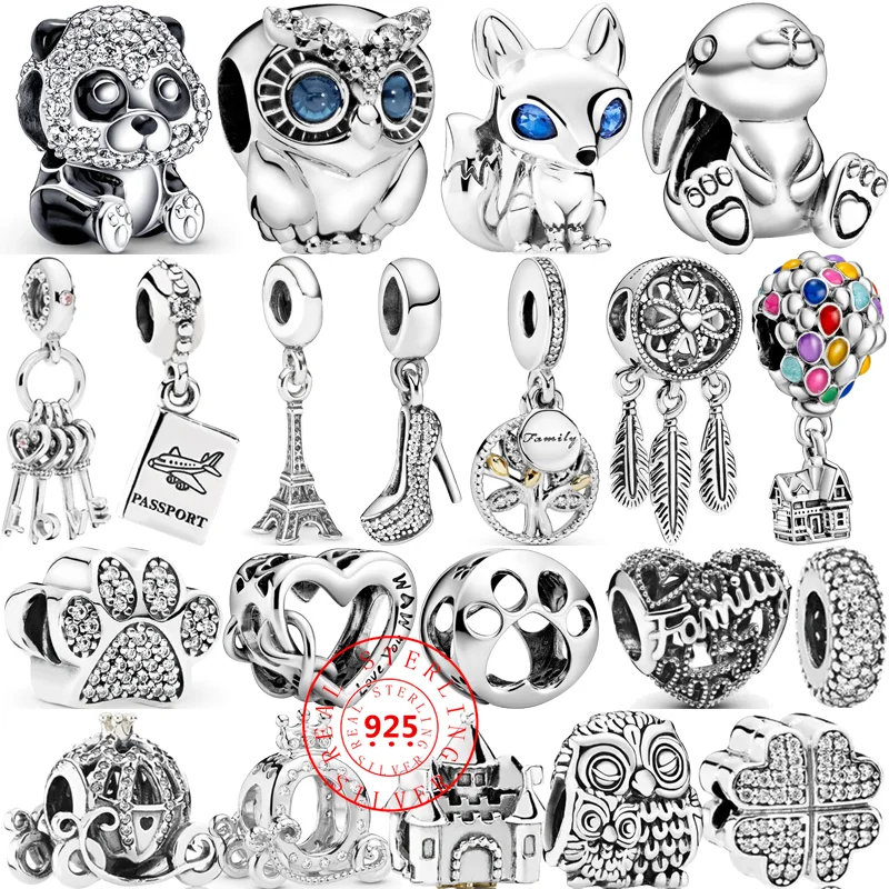 

925 Sterling Silver Owl Rabbit Dog Paw Print Balloon Crown Family Heart Beads Fit Original Pandora Charms Bracelet Women Jewelry