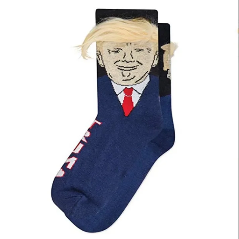 

2021 Election Spoof Funny President Donald Trump Socks with 3D Fake Hair Crew Socks Mens Compression Socks Streetwear Hip Hop