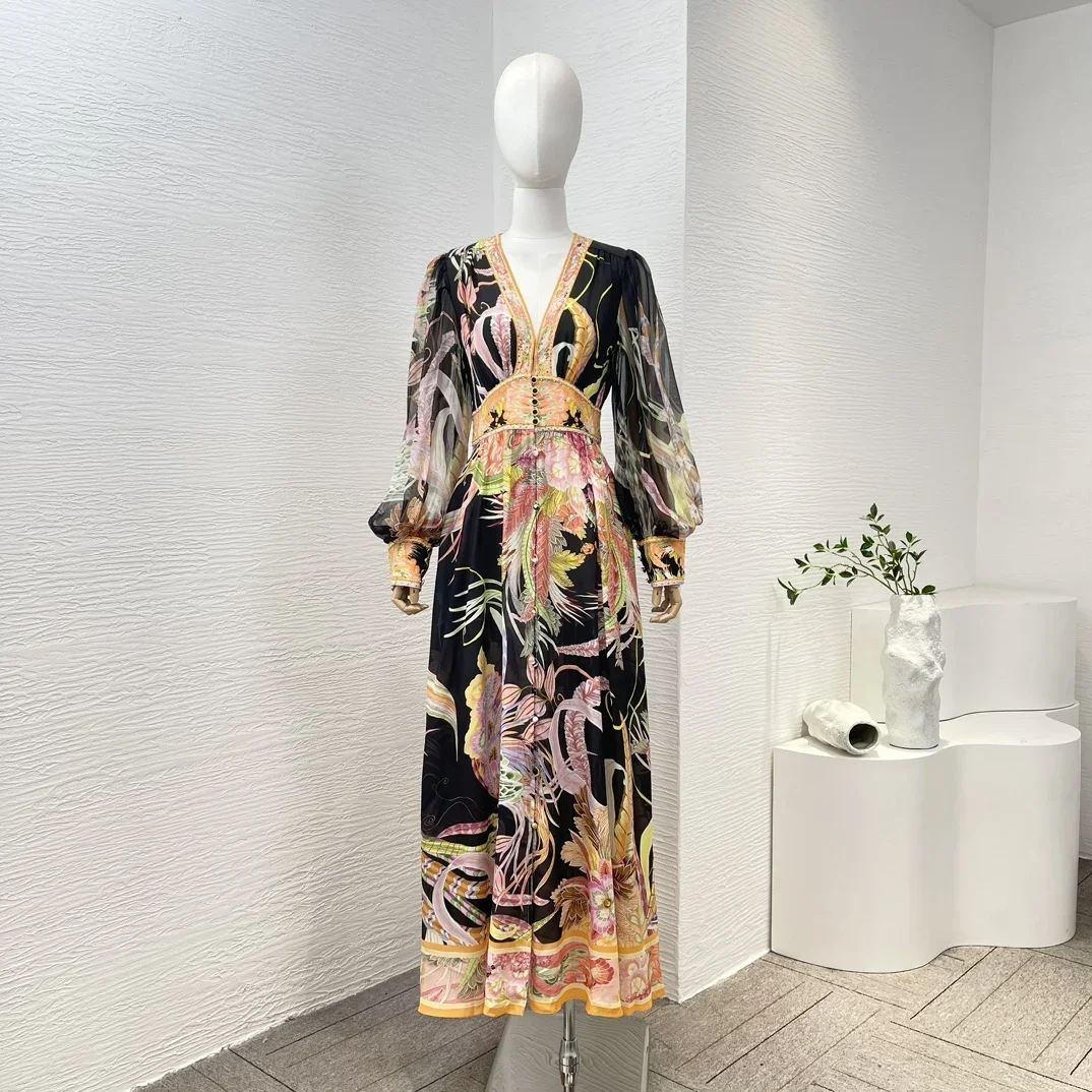 

Pure Silk Black 2023 New Top Quality Elastic High Waist Long Lantern Sleeve Diamonds Vintage Shirred Women Casual Midi Dress