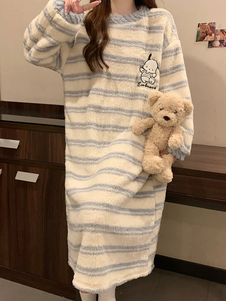 Women's Nightdress 2023 Autumn Winter Flannel Striped Sweet Girls Home Sleepwear Casual Long-Sleeved Round Neck Warm Nightgown