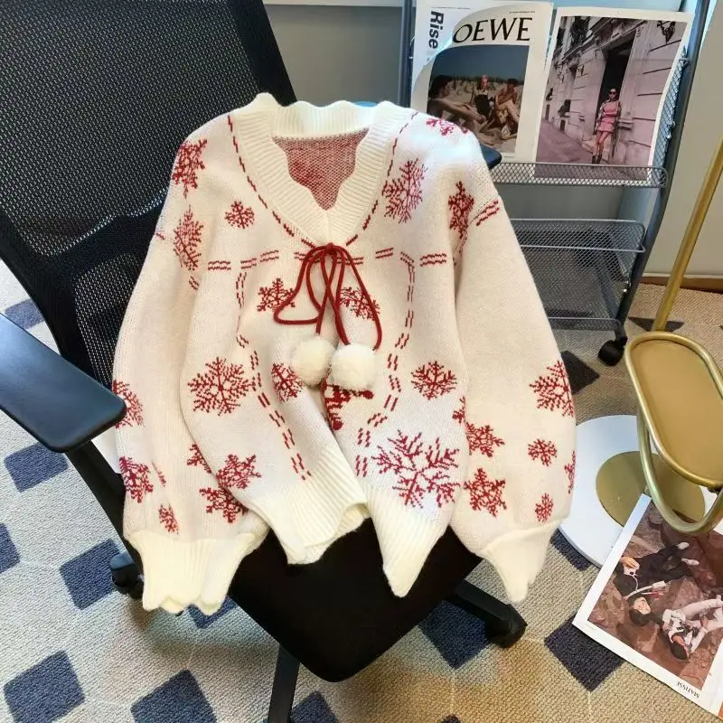 thumbnail image 1 of Suéter de copo de nieve navideño para mujer, jersey con lazo y cuello en V, suéter de punto de manga larga, jersey de invierno, suéter de moda coreana nuevo, 1 of 5