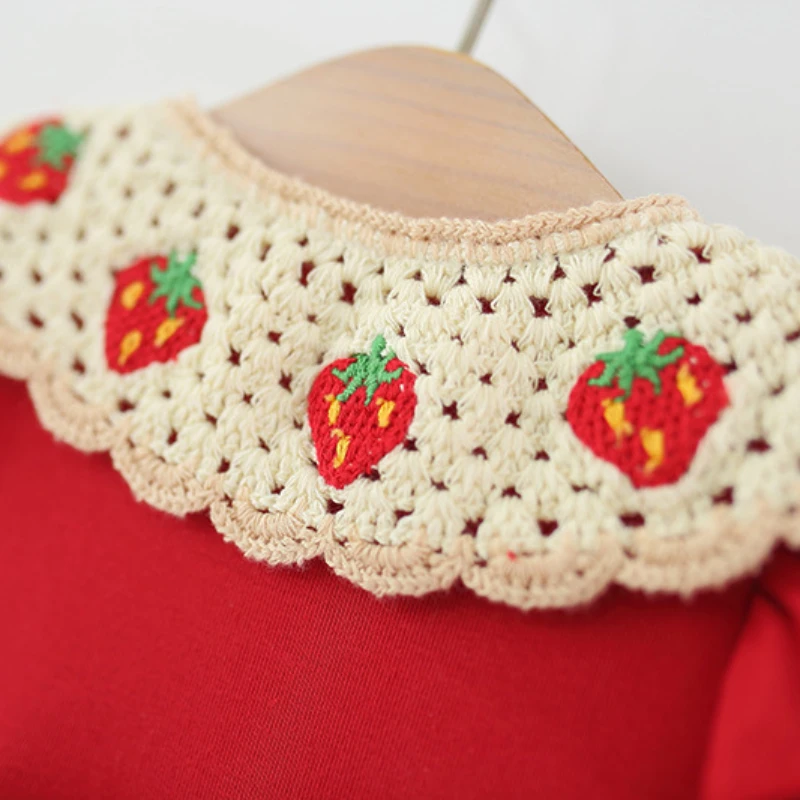 Baby Girl Bow Red Strawberry Dress Summer Element Knit Doll Collar Sleeveless Dress Baby Girl Dress with Bag 5