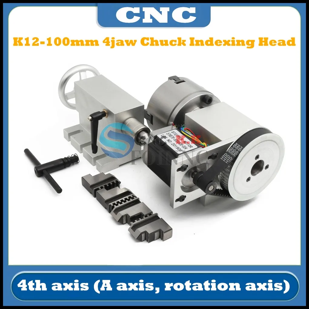 

HOT CNC 4th axis (A axis, rotation axis) K12-100mm 4-jaw chuck indexing head rotation axis with 65mm tailstock