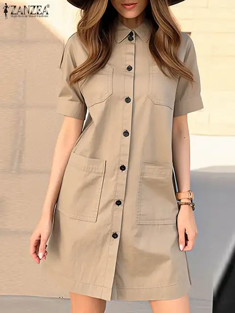 ZANZEA Elegant Women Knee-length Dress Short Sleeve 2024 Summer Button Up Work Vestido Fashion Turn-Down Collar Cargo Shirtdress