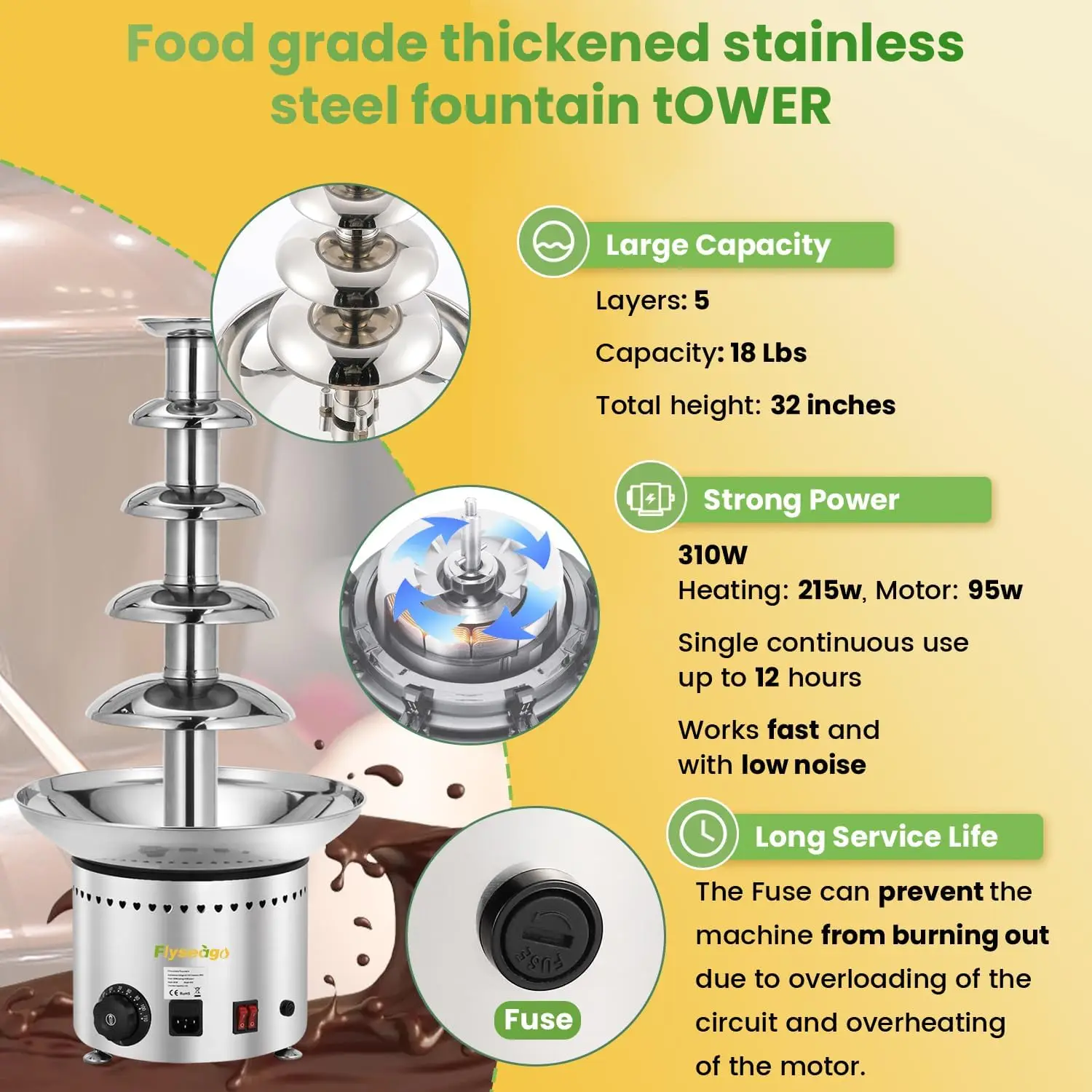 Chocolate Fountain 5 Tiers 13.2 Lbs Nacho Cheese Fountain Stainless Steel Hot Fondue Machine for Bakery, Par