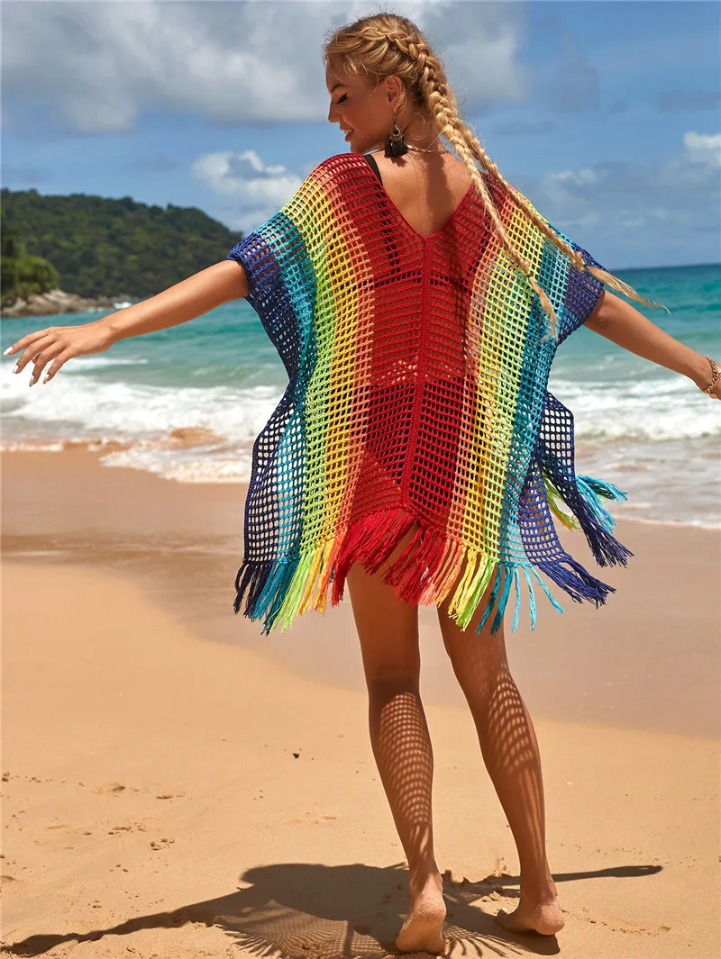 bathing suit dress cover ups Tops For Women Summer Dress Skirts 2022 New Knit Chromatic Stripe Beach Sexy Hollow Out Neck Bikini Smock Color Print Polyester bikini cover