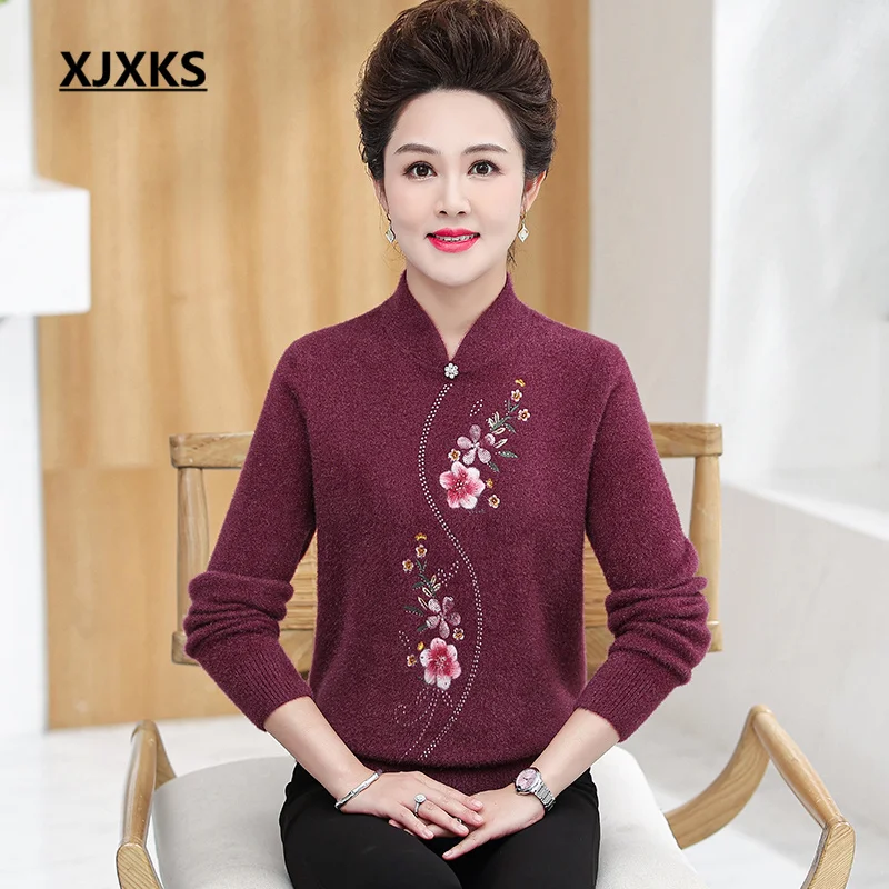 

XJXKS Exquisite Embroidery Chinese Style Stand-up Collar Women's Sweater 2022 Winter Latest Thickening And Warm Свитер Женский