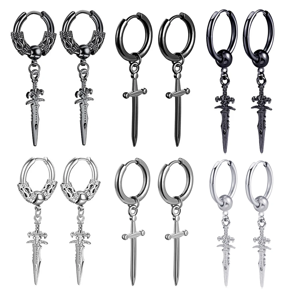 1 Pair Unique Punk Hip Hop Stainless Steel Sword Huggie Hinged Hoop Earrings with Long Dangle Retro Sword for Men Women Boys
