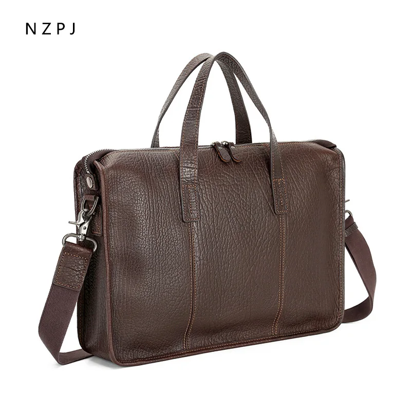 NZPJ Men's Handbag Genuine Leather Briefcase Top Layer Cowhide Shoulder Messenger Bag Fashion Laptop Bag for 15 Inch Laptop