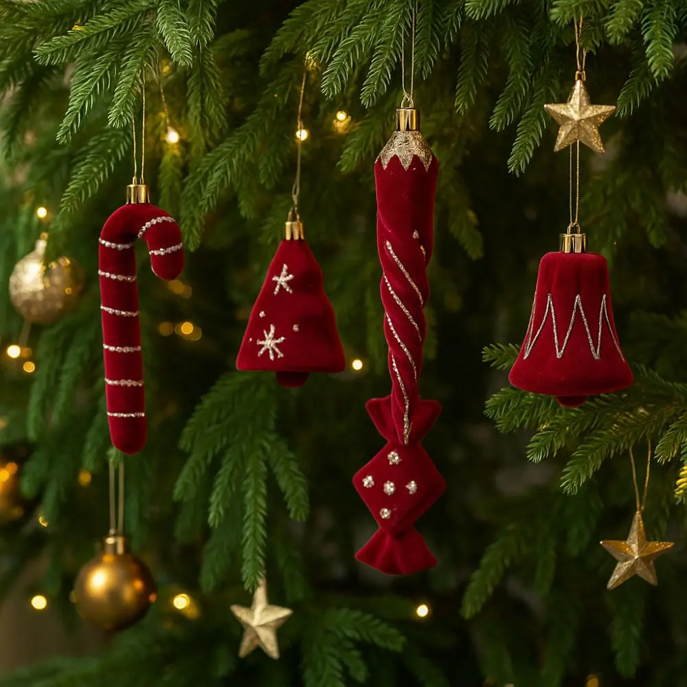 2pcs Red Christmas Tree Pendants Lollipop Flocked Candy Cane Pendants Bow Bell Xmas Tree Pendant Home Decoration