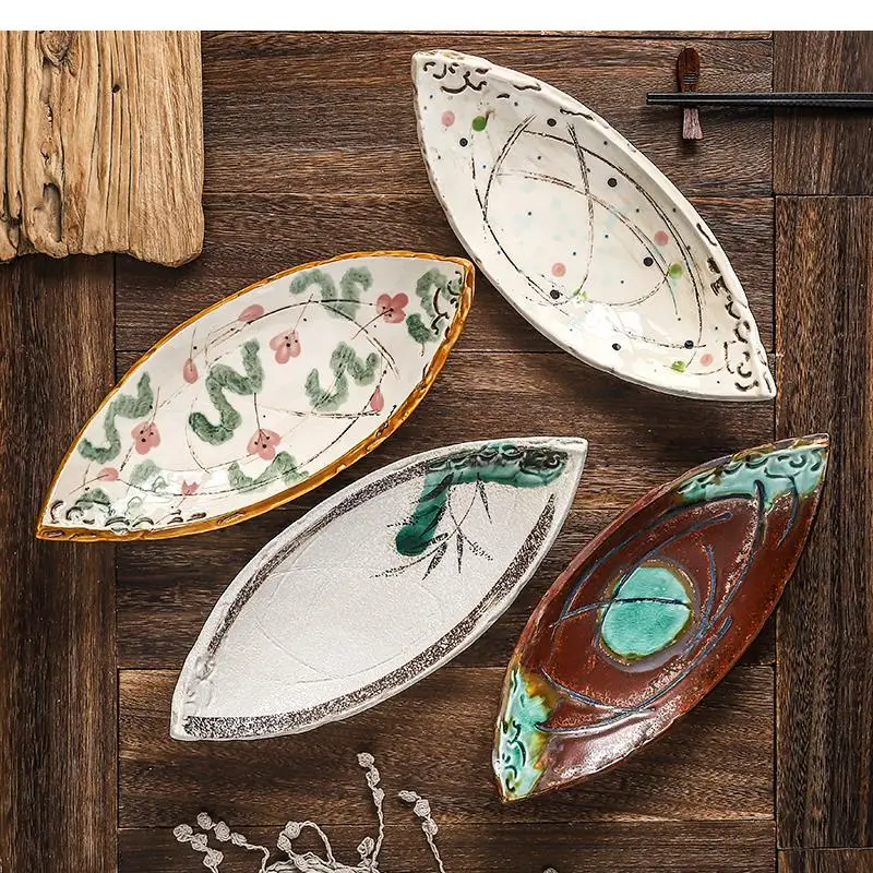 

Household Tableware Japanese Ceramic Double-pointed Boat-shaped Dessert Plate Sashimi Plate Creative Plate Sushi Plate Set Plate