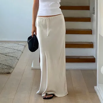 New In 2026 Women's Spring Summer Solid Color Satin Long Skirt High Waist Lace-up Trendy Elegant Faldas Female Beach Maxi Skirts