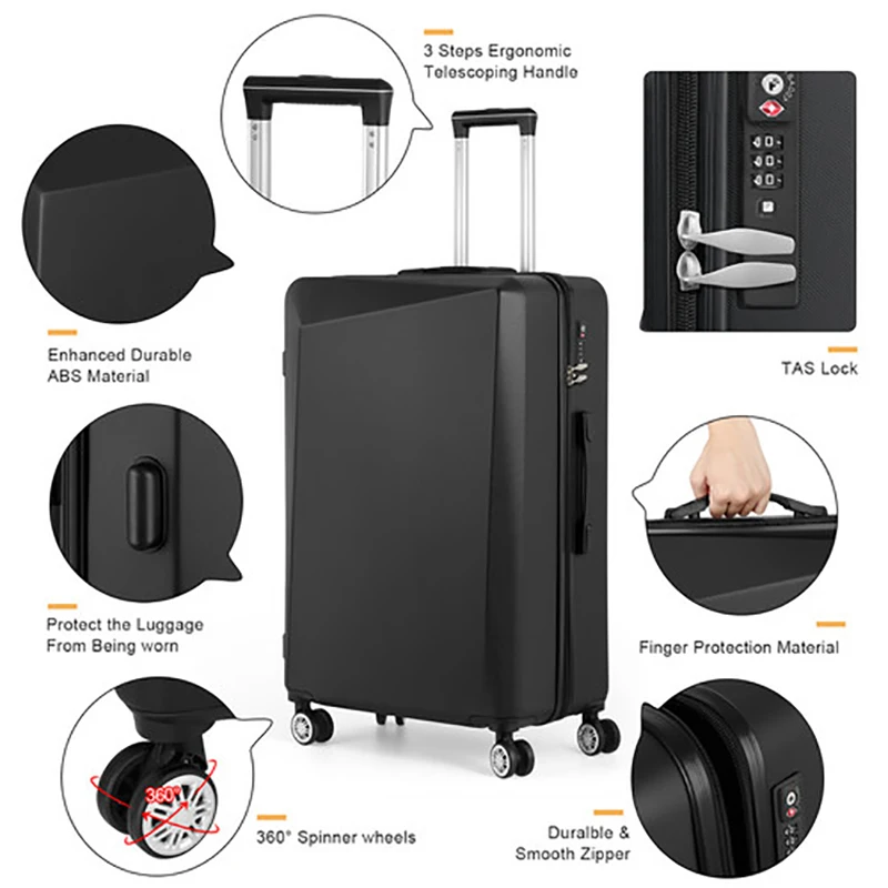 Black TSA Approved 3-Piece Travel Suitcase Set