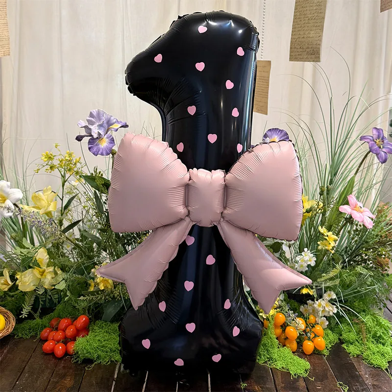 بالونات فويل بأرقام سوداء مقاس 40 بوصة مع بالون فيونكة وردية لعيد الميلاد يمكنك صنعها بنفسك هدية لحفلات استقبال المولود الجديد