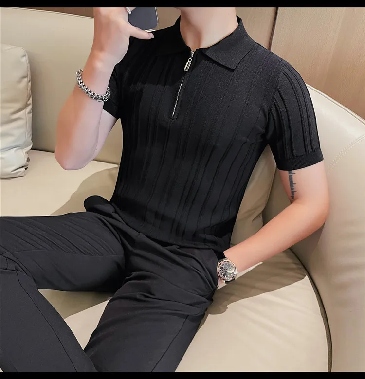 Summer Striped Knitted Polo Shirt for Men Short Sleeve Lapel Knitwear Male Casual Business POLO T-shirts Social Streetwear Tee 17 Sb9f0173f55014b9a8c63be08817686caO