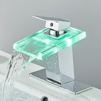 LED Bathroom Sink Faucet Brass Waterfall Temperature Colors Change Bathroom Mixer Tap Deck Mounted Wash Sink Glass Taps 5