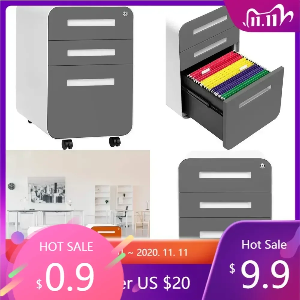 secure 3-drawer metal file cabinet for office, legal/letter size, mobile with stationary option