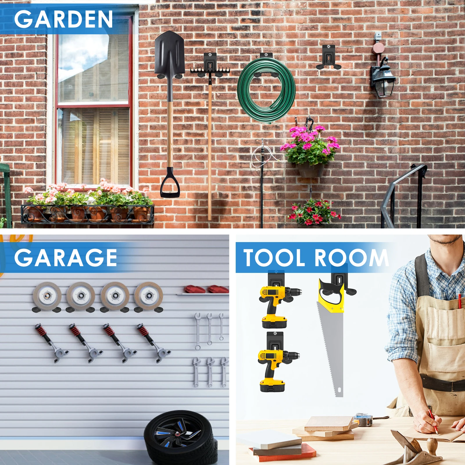 Garage Power Tool Hooks Wall Mounted Adjustable Weed Mower Hanger Heavy Duty Garden Tool Organizer Rack for Trimmer Power Tool 6