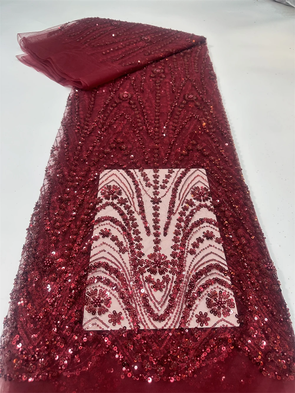 latest lace fabric high quality White Bridal Lace Fabric with Sequins Beaded Luxury African Lace Material for Wedding 5 Yards