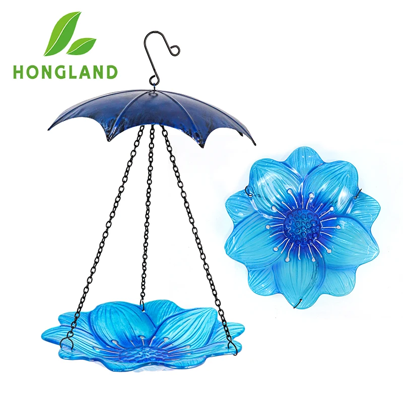 

Blue Metal Bird Feeder with Glass Dish Charm for Garden Decoration Feeding Supplies of Yard