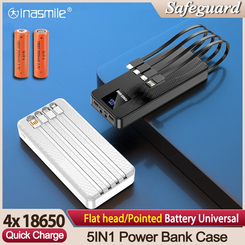 초고속 충전 18650 파워 뱅크 케이스, 4 케이블 배터리 보관 홀더 박스, 휴대폰 QC 3.0 PD DIY 배터리 쉘