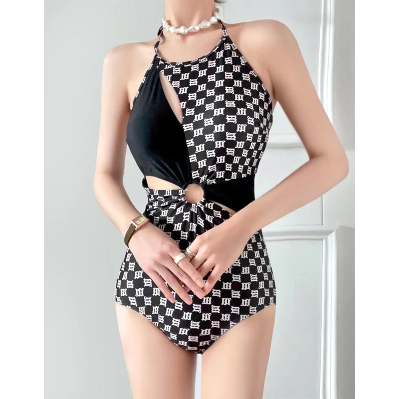 2023 New Summer Fashion Hanging Neck Plaid Band Printing Hollow Out Pure Sexy Backless Beach Hot Spring Swimming Bikini Set