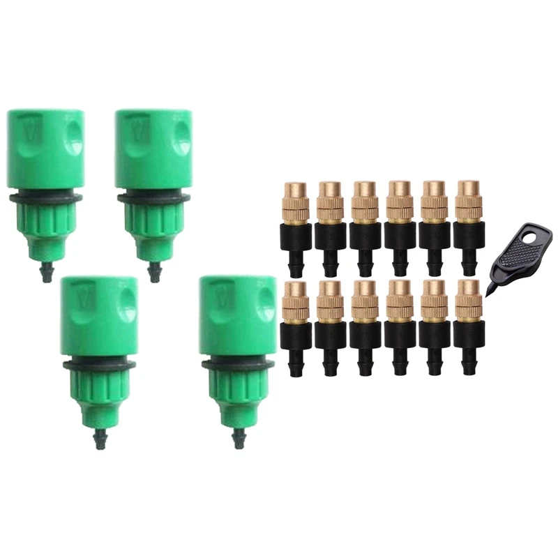 

4X Garden Hose Pipe One Way Adapter Tap Connector Fitting For Irrigation & 12 Set Copper Adjustable Spray Nozzle Spray