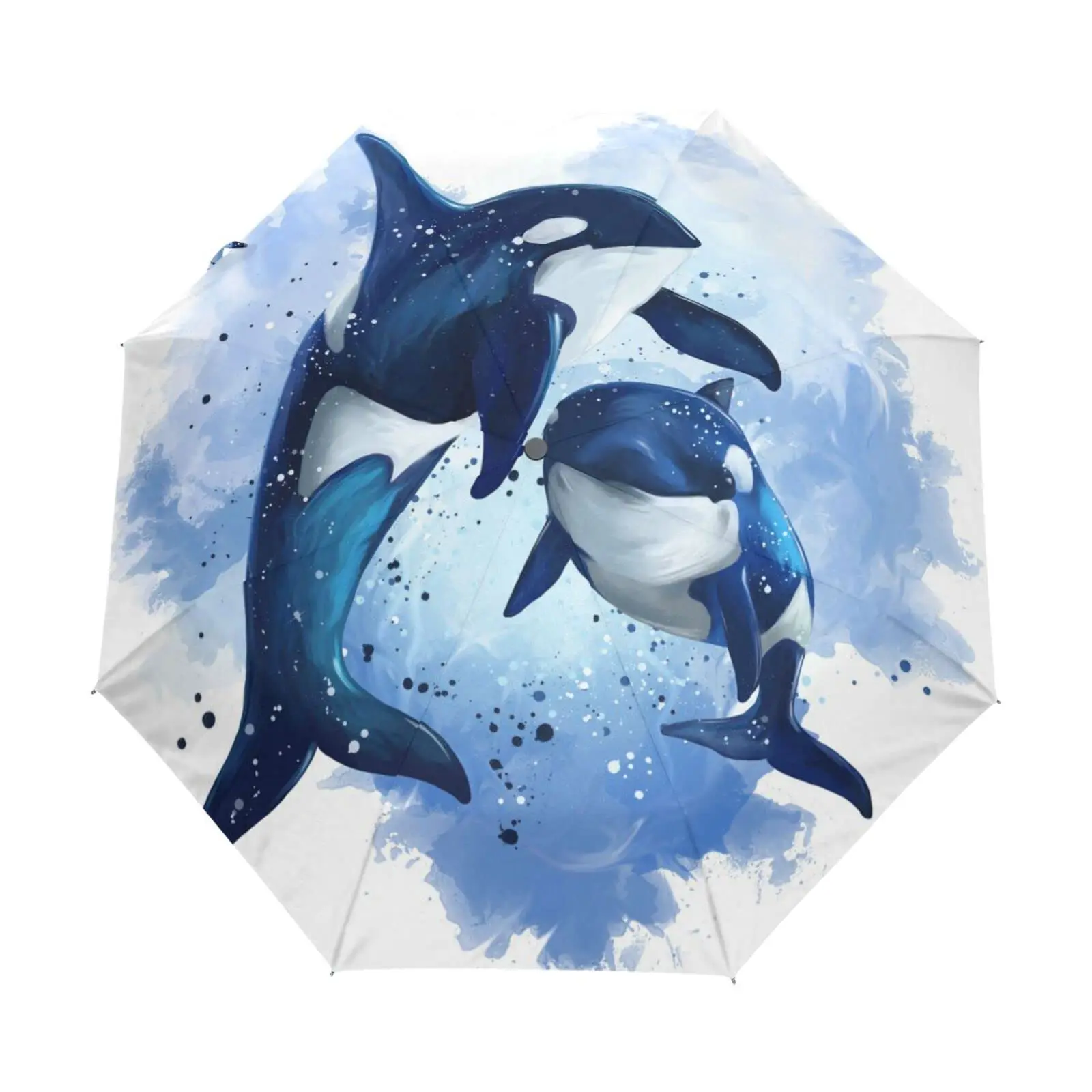 

Cartoon Whale Folding Umbrella Cute Watercolor Marine Animals Compact Windproof Travel Umbrellas Rain Sun for Adults Teens Kids