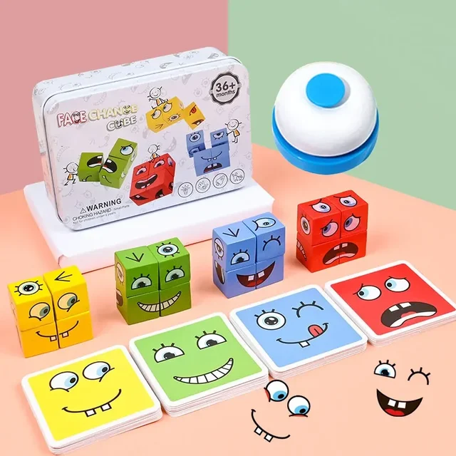 Cube Face Change Building Blocks Board Game Wood Puzzle Montessori Expression Wooden Blocks Blocos for Children Kids Toys Gift 6