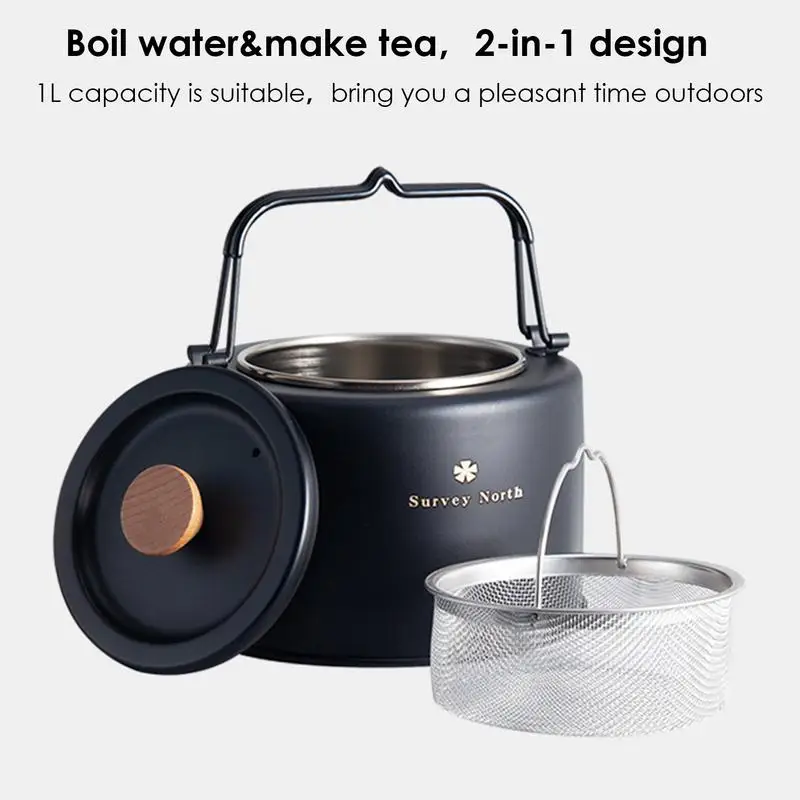 

1L Camping Stainless Steel Kettle Outdoor Portable Teapot Coffee Kettle With Habdle Durable Tourist dishes Hiking Cooking supply
