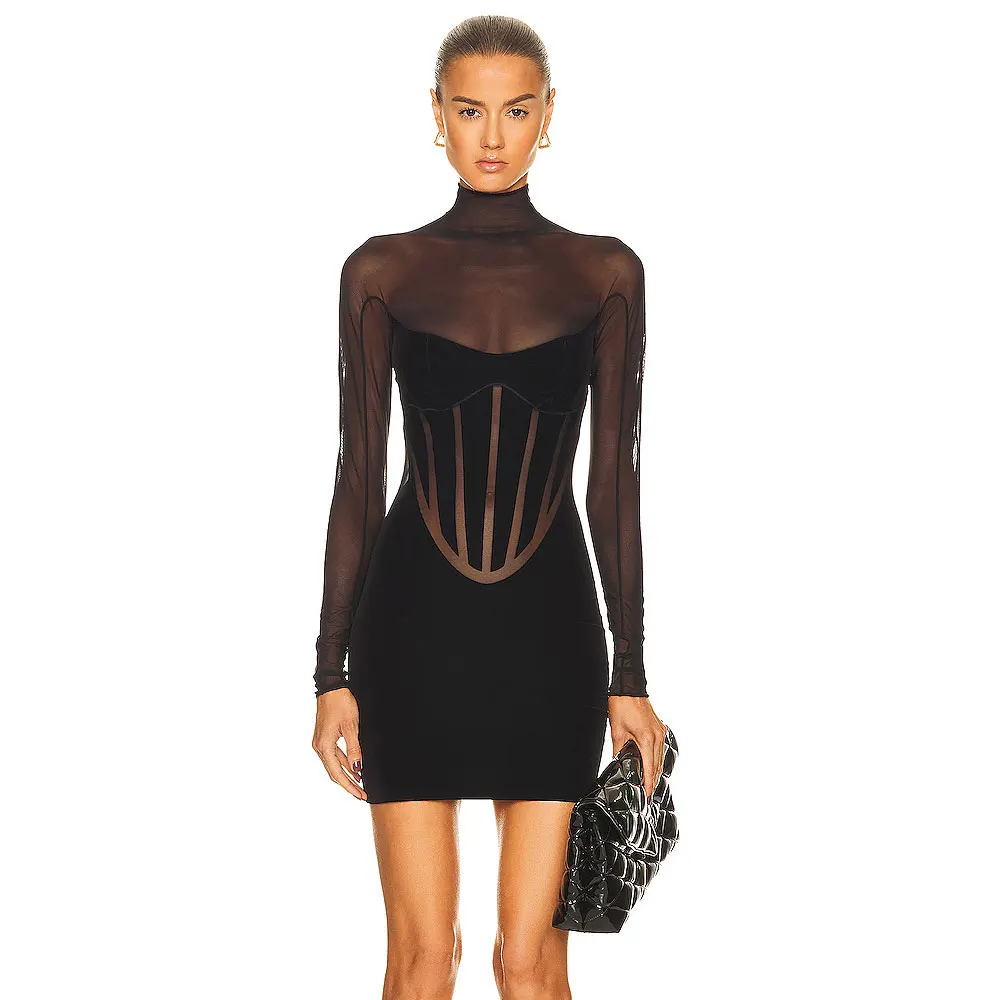 

Sexy Black Round Neck Mesh Translucent Bandage Package Hip Dresses Nightclub Party New Design Women Slim Mini Dress
