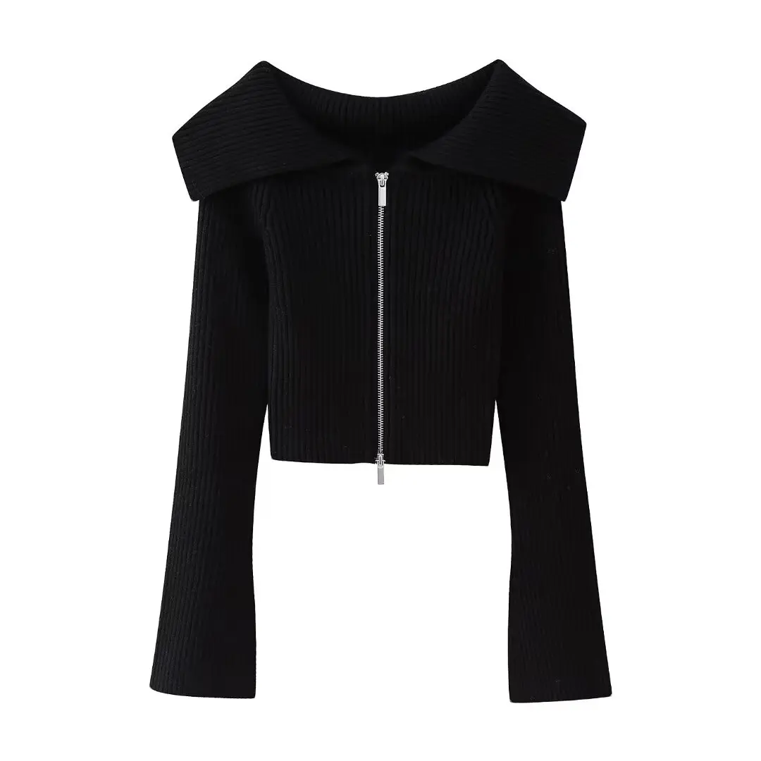 

Women New Fashion Split cuffs design Cropped Slim Ribbed Knitted Coat Vintage Long Sleeve Zipper Female Outerwear Chic Tops