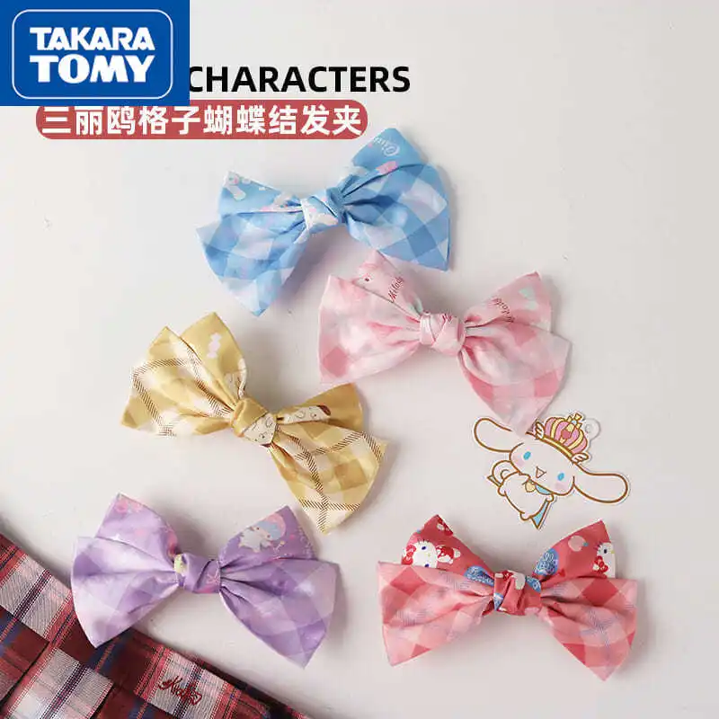 

TAKARA TOMY Girl Bow Tie Cute Hello Kitty Print Does Not Hurt Hairpin Student Shirt Plaid Bow Tie Hair Accessories Dual Use