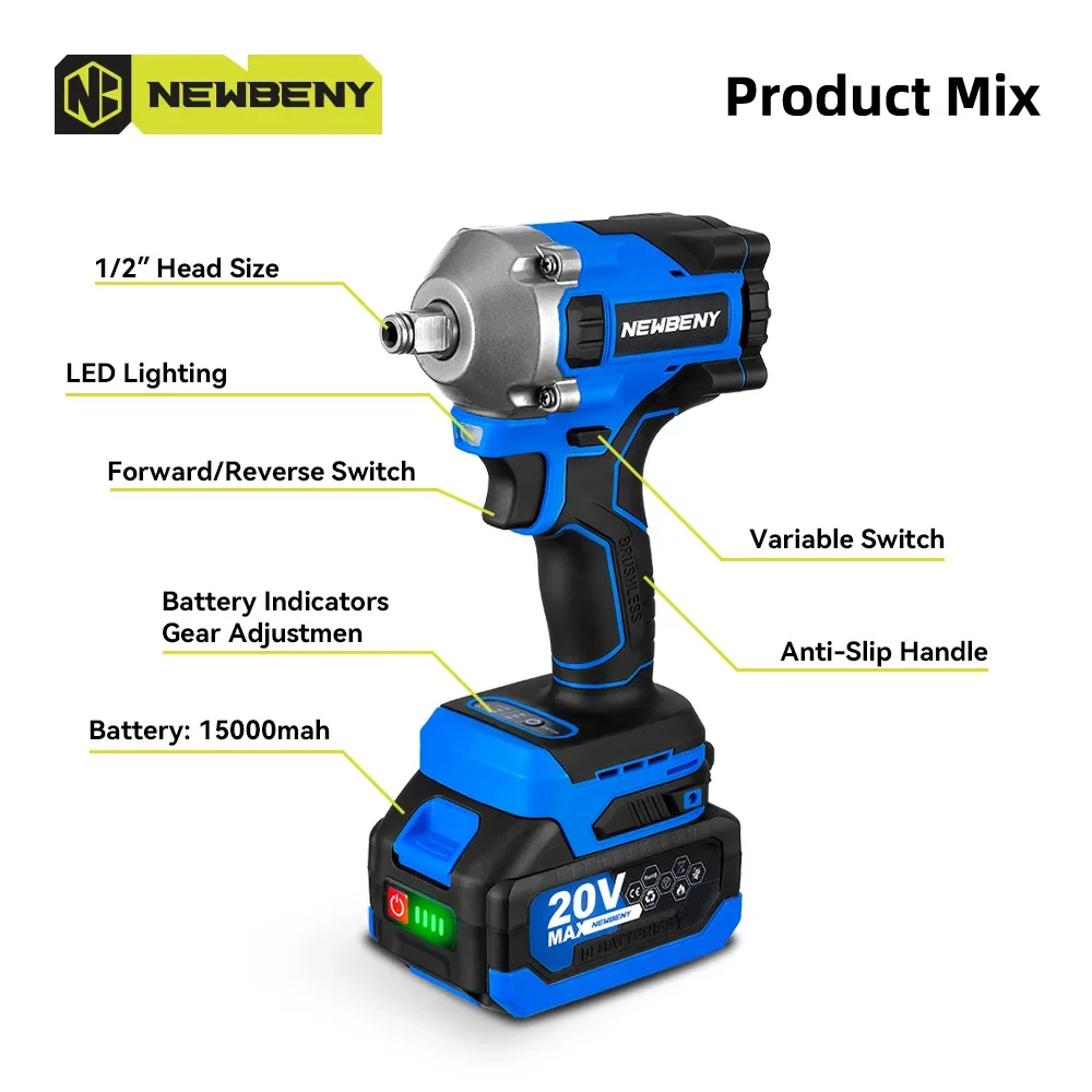 NEWBENY 1000N.m 1/2 inch Brushless Electric Wrench 3Gear Cordless Handheld Impact Wrench Driver Power Tool For Makita 18VBattery 3