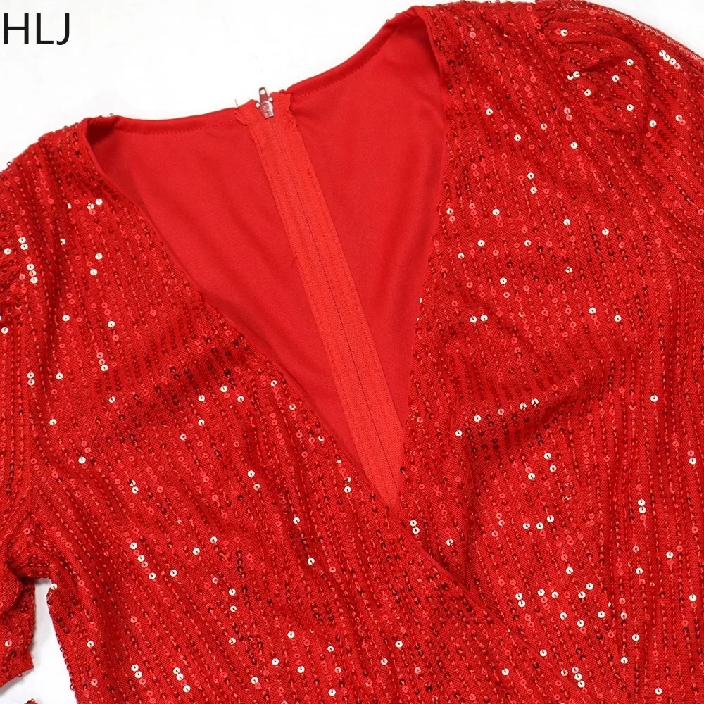 HLJ Fashion Sequin V Neck Half Sleeve Lace Up Party Club Jumpsuits Elegant Women Slim Straight Pants Playsuits Female Overalls