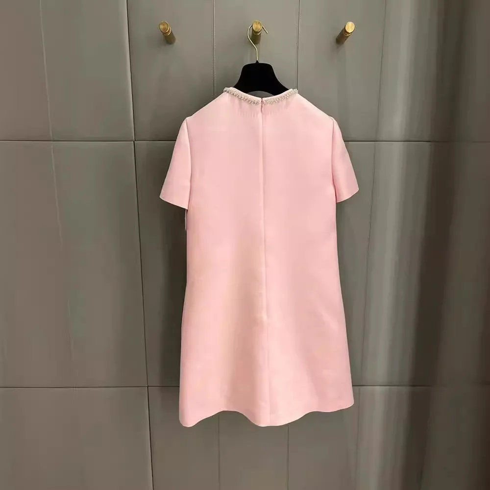 Fashion Short Dress Hotsweet Diamond Beading Bow Solid Color O Neck Elegant A-line Dresses Women 2025 Spring Summer 23A9653
